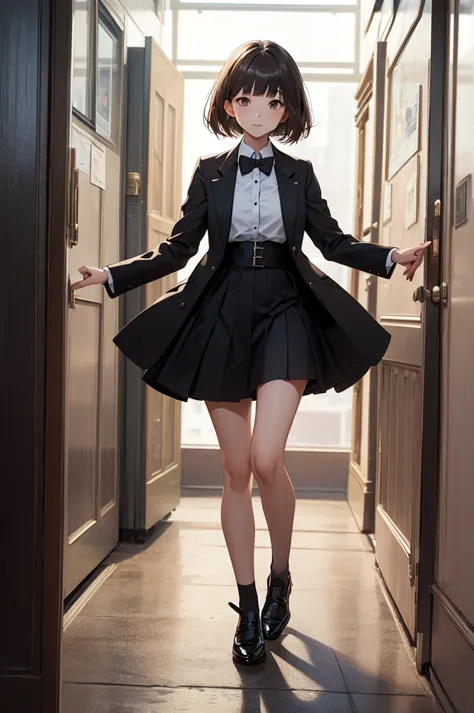 ((best quality)), ((masterpiece)), (detailed), 1girl, asian young woman, short bangs, brown hair, brown asian eyes, feminine, bowtie, black tuxedo jacket, black dress skirt, short white socks, fancy black shoe,, bird eye view, view from above