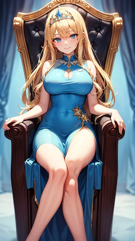 Ice Goddess　beauties　Blonde Hair　 tiara on the head 　Blue Eyes　droopy eyes　smiles　Healing　 exposed skin a lot　Big Breasts　royal light blue dress　The background is the light blue king's throne　sits on the throne　 cross your legs