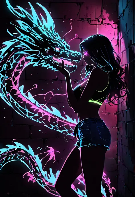 artist by Megan Hess,(blue fluorescent Graffiti of mysterious dragon :2.0)，indoor，Fluorescent illumination， (Darkness shrouded, black background, shadow, extreme darkness, Dark atmosphere：3.0),Wall background，black background，silhouette，shadow，extreme dark...