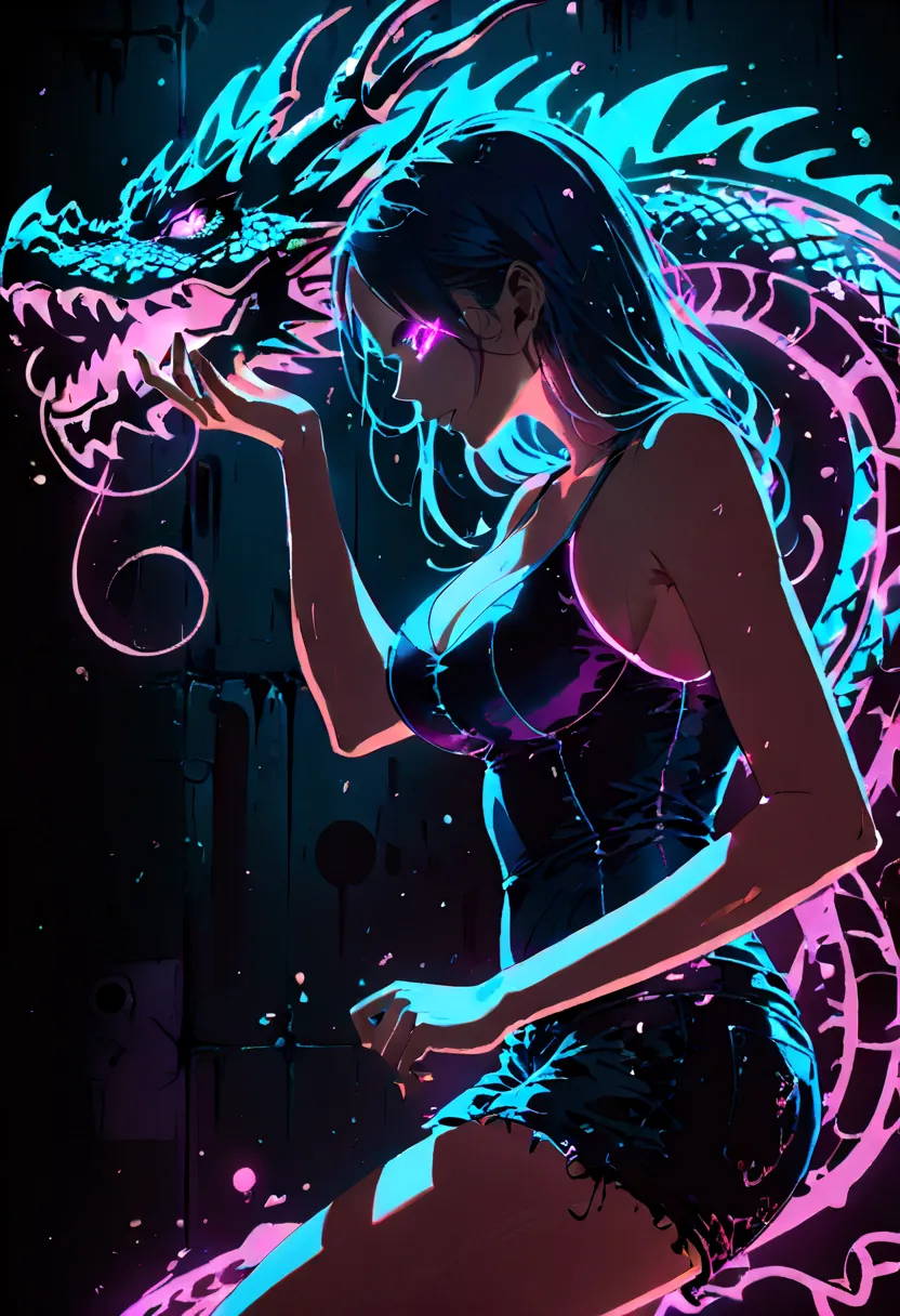 artist by Megan Hess,(blue fluorescent Graffiti of mysterious dragon :2.0)，indoor，Fluorescent illumination， (Darkness shrouded, black background, shadow, extreme darkness, Dark atmosphere：3.0),Wall background，black background，silhouette，shadow，extreme dark...