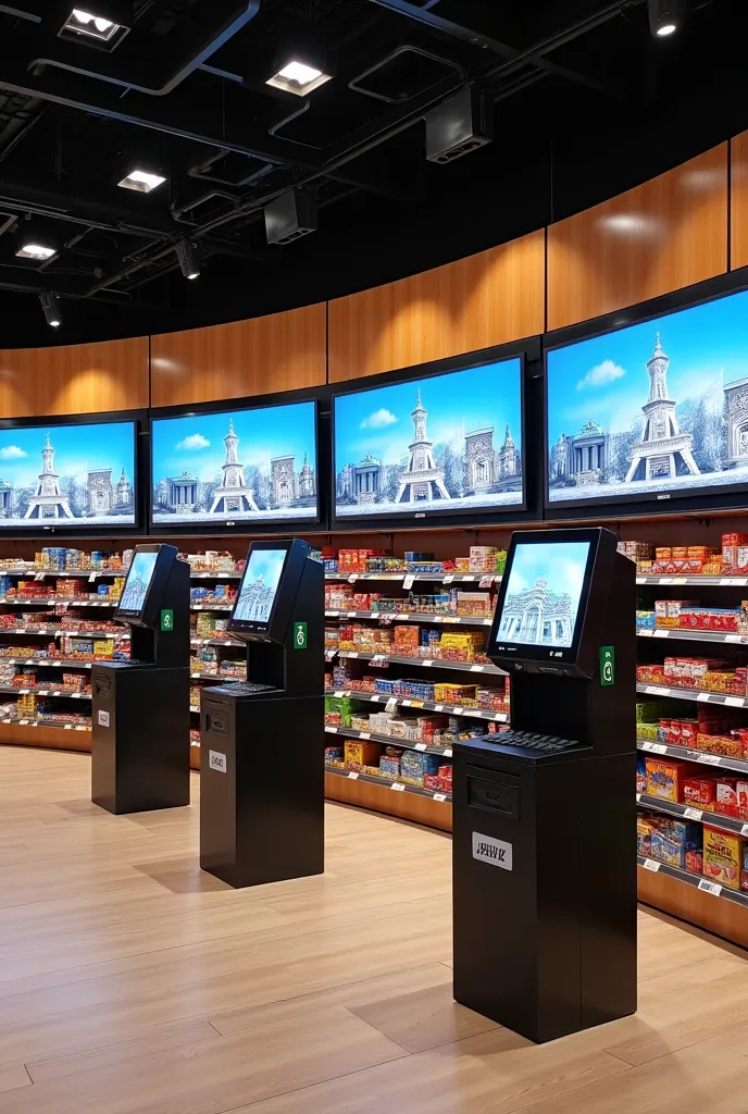 Create a smart and modern convenience store.  The shelving units are made of wood with black metal frames. there are three self pay machine in front zone. There have many smart TV advertising screens inside above shelves . The store looks realistic.