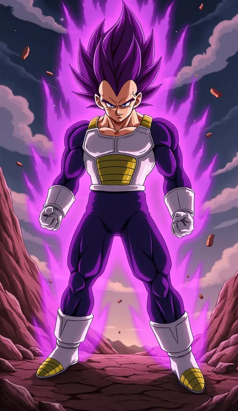"Majin Vegeta, standing in a dominant and powerful stance on a devastated, rocky battlefield beneath a dark, stormy sky filled with swirling clouds and crackling lightning. His muscular physique is accentuated by battle-worn Saiyan armor, with a torn, skin...
