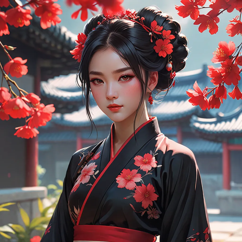  girl in a red and black dress with red flowers in her hair, artwork in the style of guweiz, guweiz, chinese girl, trending on cgstation,  a girl in hanfu, beautiful digital artwork, guweiz on artstation pixiv  magmix  girl 