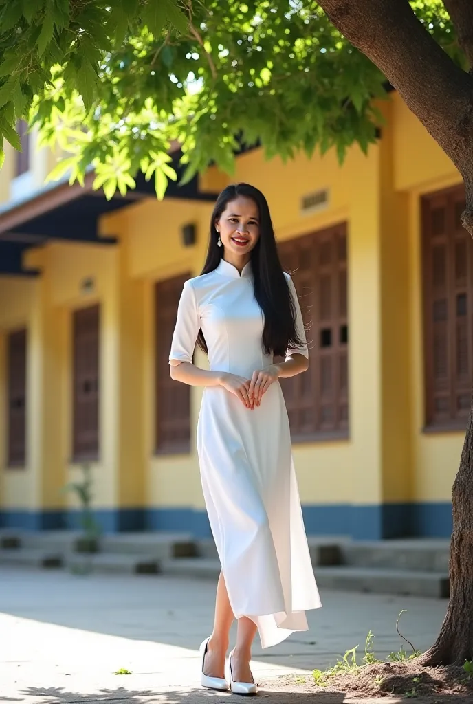 A full-body portrait of a young Vietnamese woman from the 1970s standing gracefully under the shade of a large tree in her schoolyard. She wears a traditional white áo dài that flows elegantly down to her ankles, paired with classic white high-heeled shoes...