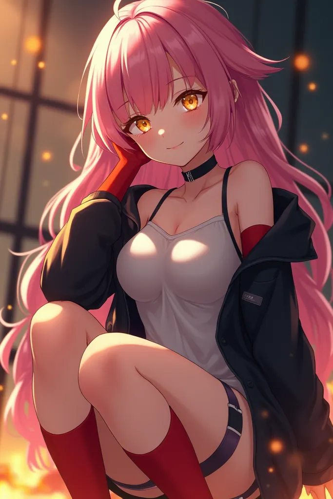 masterpiece, the best quality, amazing quality, very aesthetic, High resolution, newest,  hyper detailed , 1 girl, dusty \( rough waves \), pink hair, bicolor hair, red hands , white dress, black coat, thigh strap, Extremely detailed eyes, (ringed eyes:1.2...