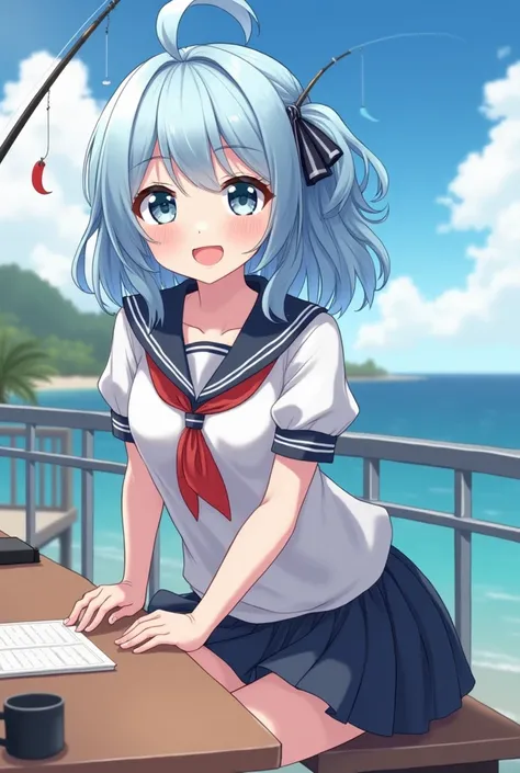 (top quality,ultra detail, realistic:1.37), cute anime girl sitting at the school table,light blue hair,detailed eyes, Detailed Lips , smiles,Wear cute clothes , cheerful expression ,bright colors,soft lighting,anime-style, fantasy background, Playful Pose...