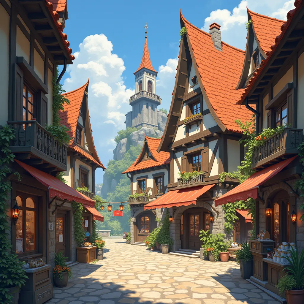 Fantasy World Market、Western Buildings、A stone building with an orange roof、The road is narrow、Warm colors、 orbital space、there are also fantasy creatures、Realistic painting style、There are no margins、The height of the building is high、It's outside, but th...