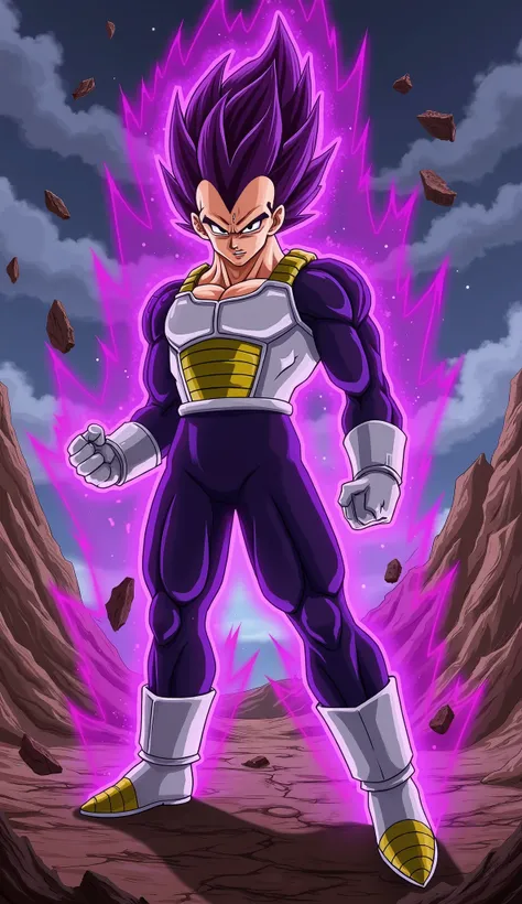 "Majin Vegeta, standing in a dominant and powerful stance on a devastated, rocky battlefield beneath a dark, stormy sky filled with swirling clouds and crackling lightning. His muscular physique is accentuated by battle-worn Saiyan armor, with a torn, skin...
