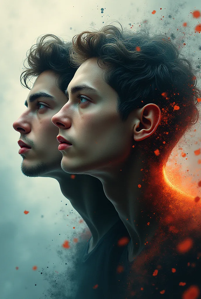 Design two male faces in profile in an abstract surreal style 