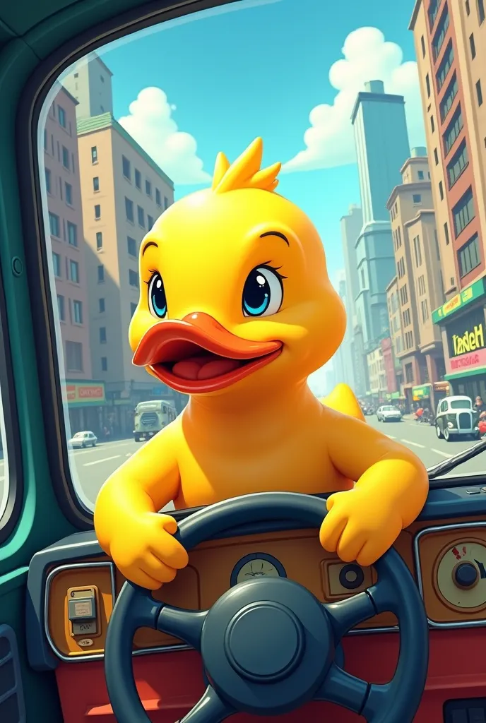 Create a rubber duck driving a bus
