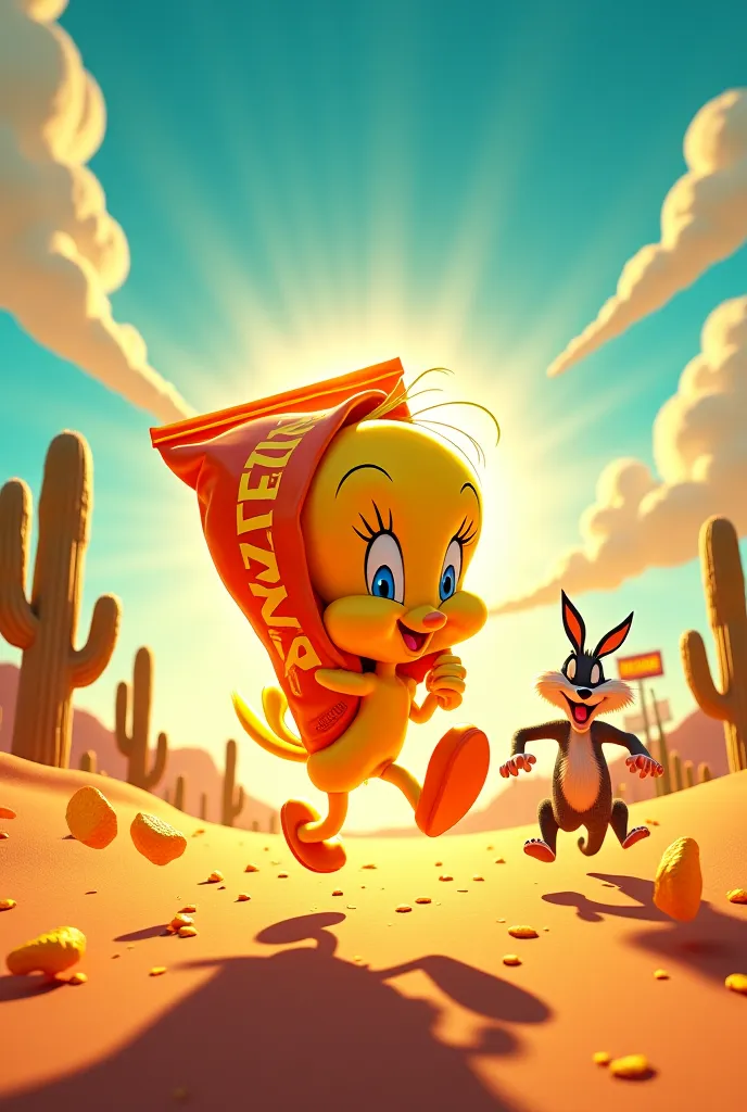 Design a vibrant, action-packed advertisement scene featuring Tweety Bird (Looney Tunes) sprinting across a sun-scorched desert landscape, clutching a giant, crinkled orange chip bag labeled 'ZANY ZEST' in bold, playful typography. Tweety’s feathers gleam ...