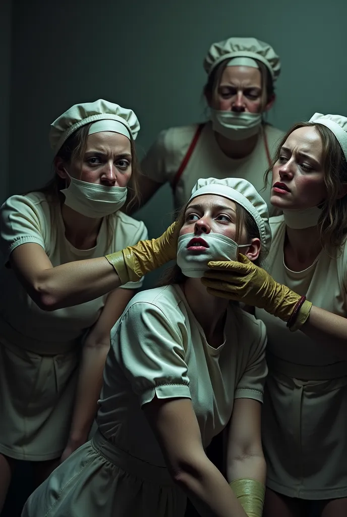 Maids and nurses with gags on their mouths
With rubber gloves on his hands 

And slaps
