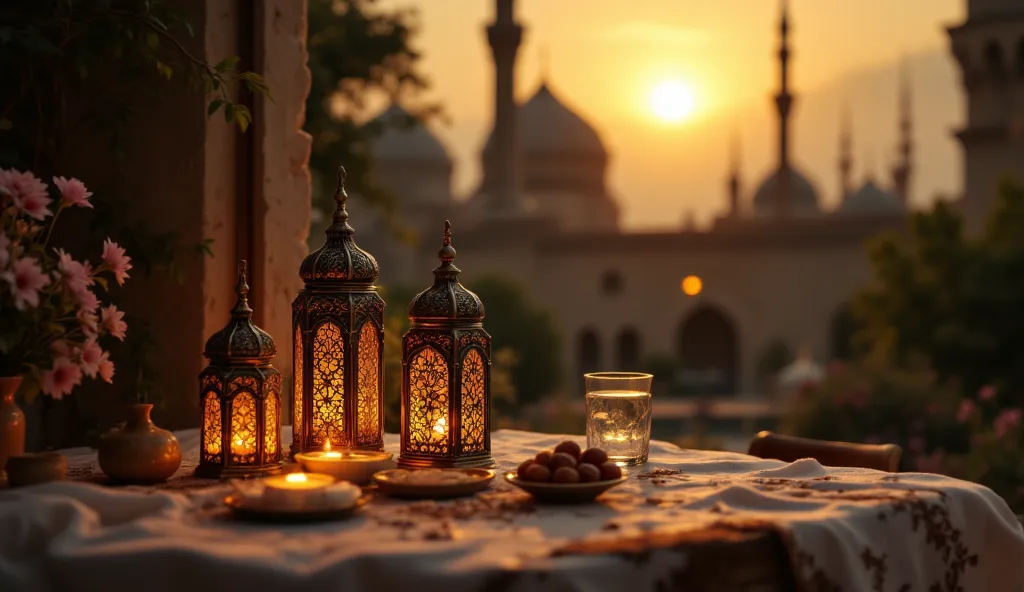 on a table outside the mosque many Ramadan special lamps, a bowl of dates and a normal glass of  and environment is the sun is setting . there will be no food left under the table.