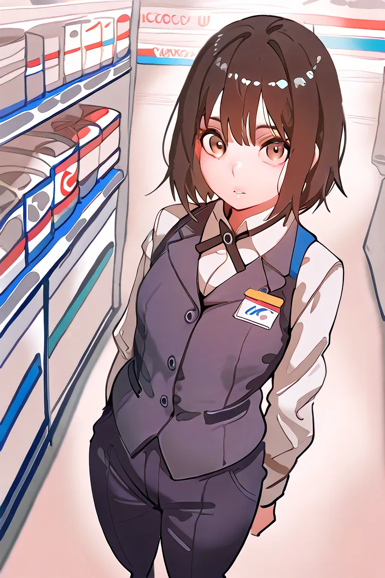 score_9, score_8_up, score_7_up, source_anime, highest quality, solo, clear face, middle chest, perfect appearance, viewer view, standing, dynamic angle, Korean convenience store attire, wearing a convenience store vest, bobbed black hair, lazy expression,...