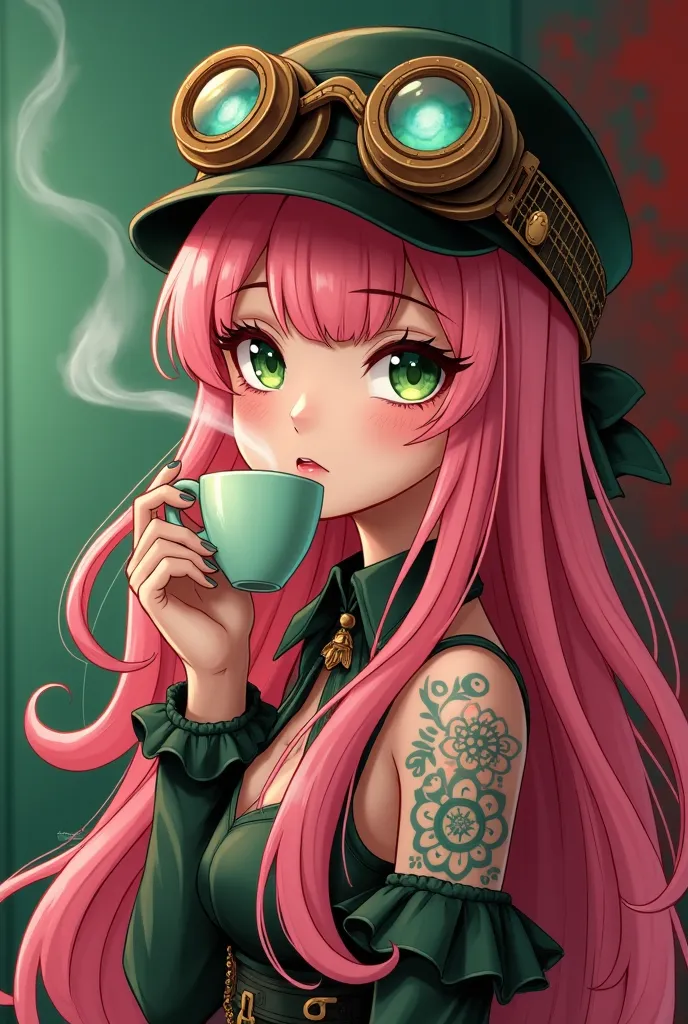 emerald green and red gradient background、old cafe 、Femboy's long pink hair, One eye blinks、With an ecstatic look、green eyes。 Drink steaming coffee、tattoo wear a silk hat with steambank-style goggles、Rock Fusion 