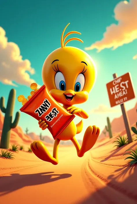 Design a vibrant, action-packed advertisement scene featuring Tweety Bird (Looney Tunes) sprinting across a sun-scorched desert landscape, clutching a giant, crinkled orange chip bag labeled 'ZANY ZEST' in bold, playful typography. Tweety’s feathers gleam ...