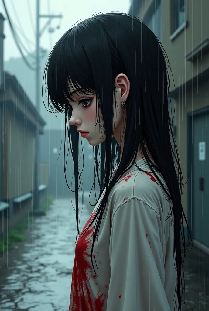 anime style digital line art of a girl with bloody clothes and black eyes on a rainy day and long wet hair