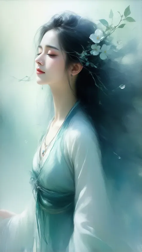 beautiful aura　amazing beauty　Mysterious　very beautiful blue
Like a celestial maiden　Spirit　pretty flowers
Beautiful loose hair that goes up to the waist　Full body　A woman who looks in front of her memories is beautiful　I'm closing my eyes lovingly　forever...