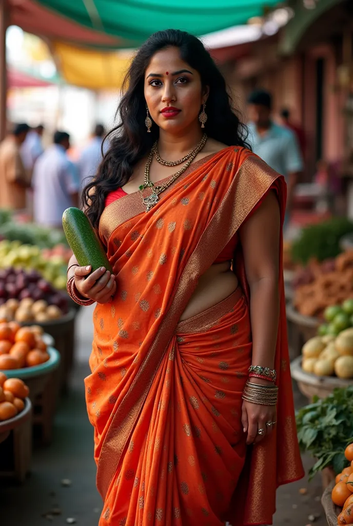 Sexy Indian aunty wearing saree and his boobs are 40 plus figure . He is wearing bikini and he is standing in a market in front of vagitables and he is holding big Cucumber