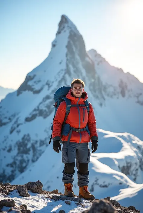 A young, determined mountaineer named Aryan stands at the base of a towering snow-covered mountain. He wears a heavy backpack, hiking gear, and sturdy boots. The sky is clear, and the sun casts a golden glow on the peaks. He gazes upward with ambition in h...