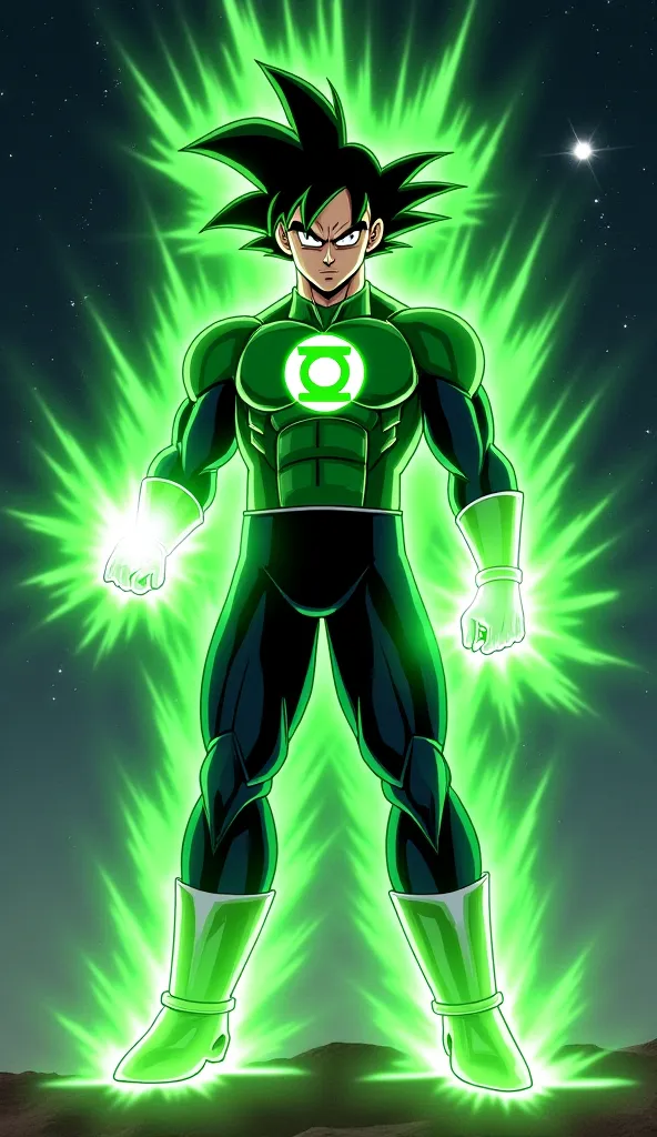 : A fusion of Goku and Green Lantern, wearing a green Saiyan battle suit with the Lantern Corps emblem glowing on his chest. His Super Saiyan hair is infused with emerald energy, and a glowing green power ring is on his hand. He is creating a massive, ener...