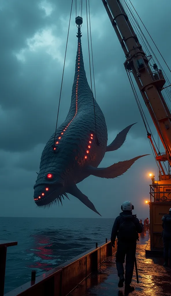    Hyperrealistic photograph of a   ,  A nightmarish leviathan from the blackened depths of the ocean ,  , its curved body peeled and covered with irregular scales ,  glowing with an unnatural glow .   Rows of glowing red eyes run along her elongated head ...