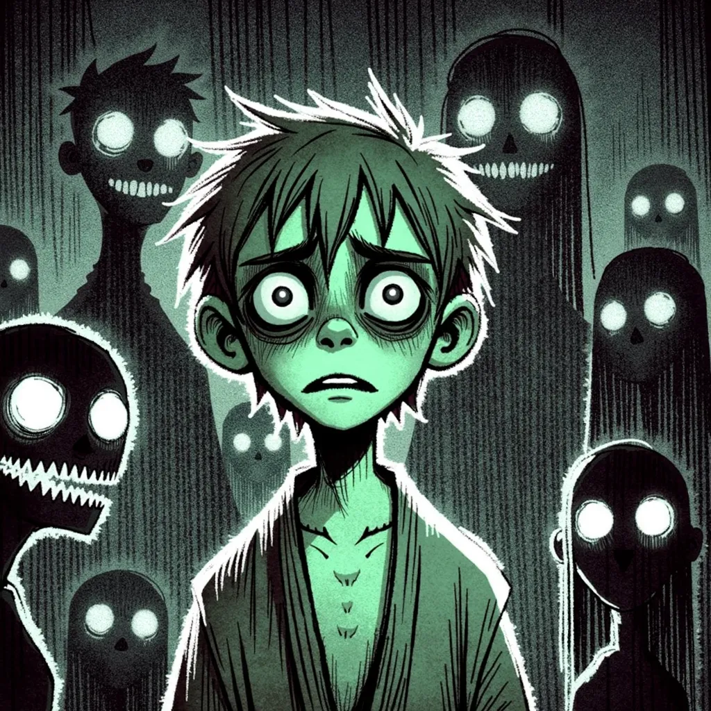 a character with greenish skin, big eyes and an expression of fear, surrounded by many shady figures with bright eyes on a dark background