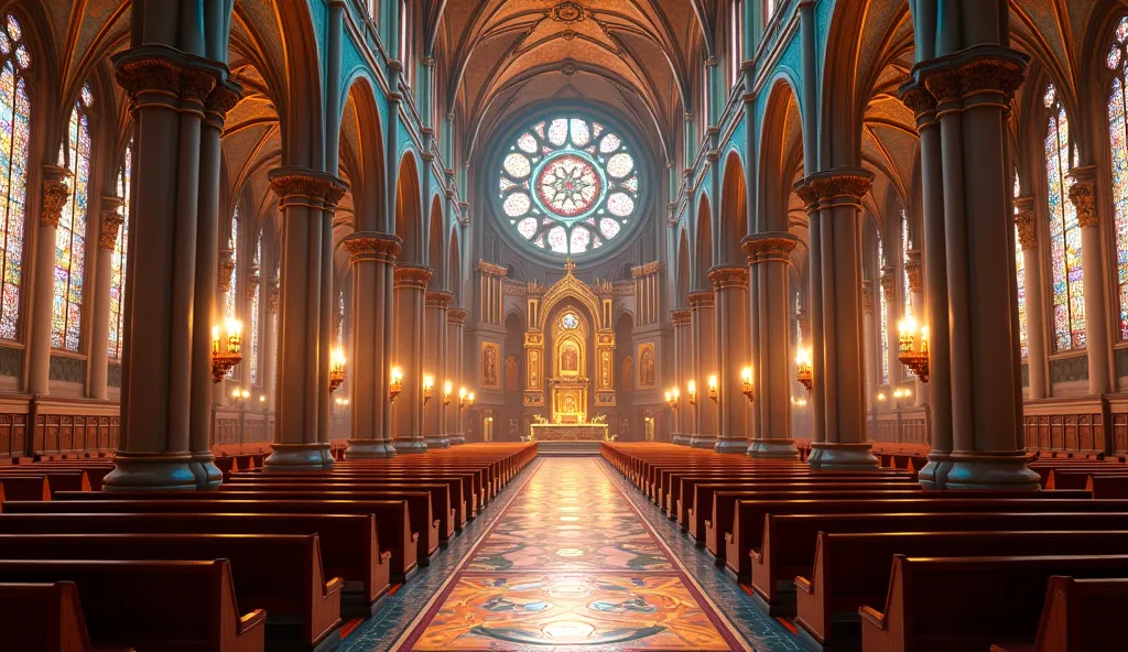 Generate a highly detailed and visually stunning interior of a grand, vibrant church. The architecture should be awe-inspiring, with high vaulted ceilings adorned with intricate frescoes and golden accents. The walls are decorated with vivid stained glass ...