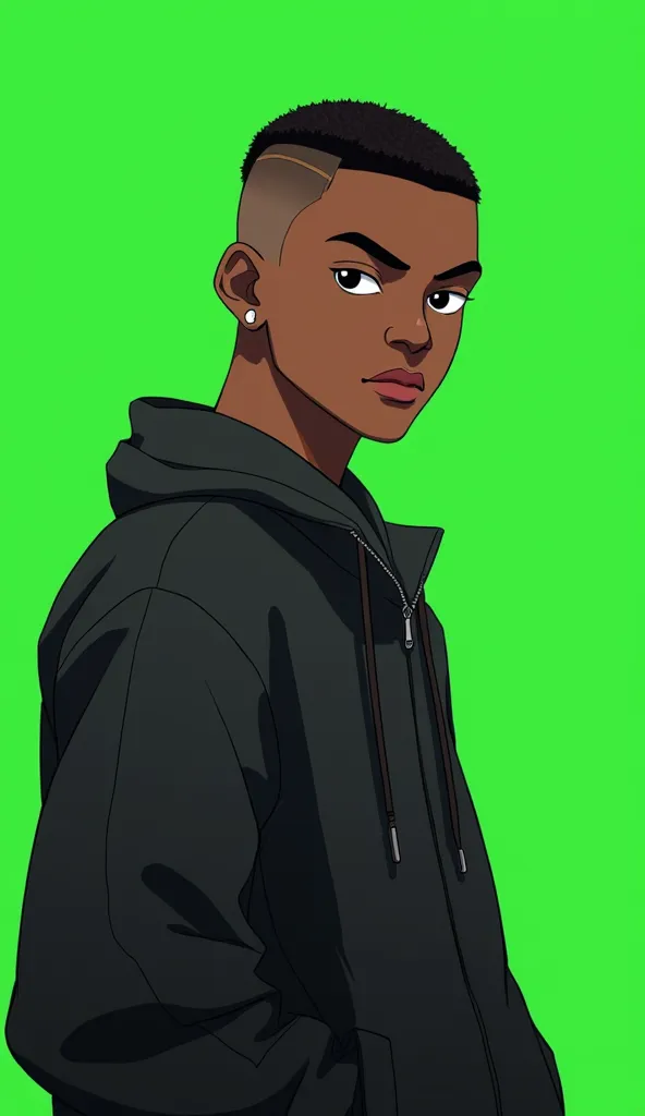 A black man, he has black hair, black eyes, buzzcut hairstyle, he wears casual outfit, realistic wide shot, anime style, green screen background 