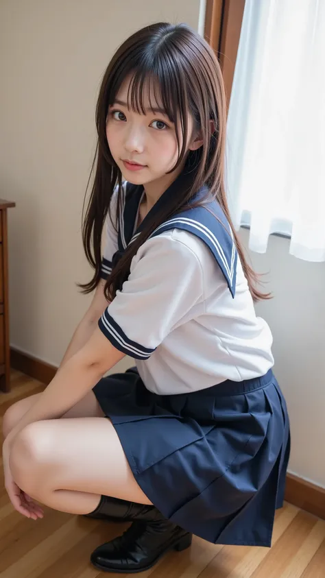 (((nsfw)))、 Japanese、KAWAII、Western-style room , perfect body, double eyelids, sit against the wall, crouching,white pantie, I'm wearing black knee socks , cheap sailor suit, Japanese Language School Uniforms, 、 upskirt、 low angle shot 、( Between the...
