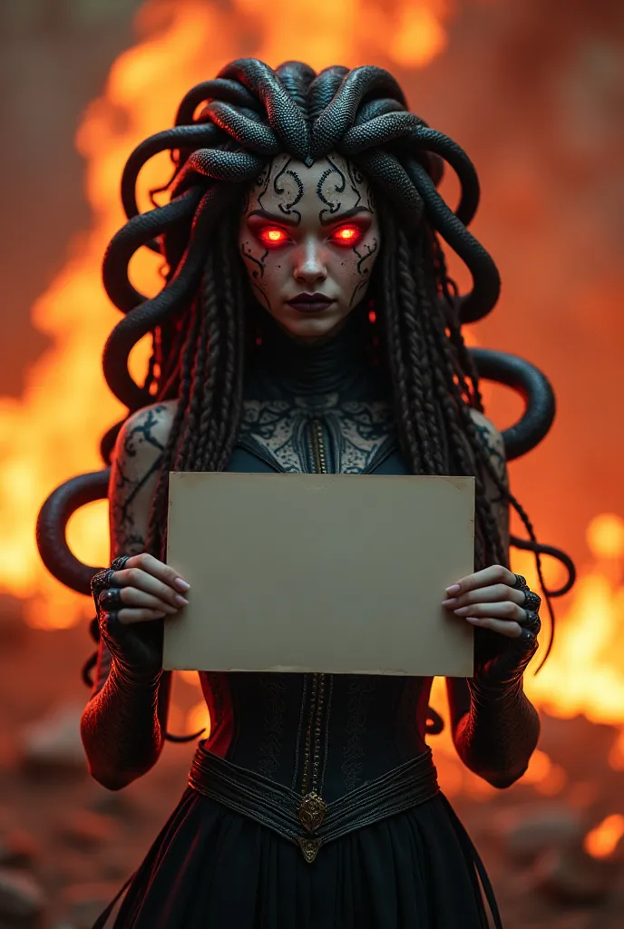 Picture of a medusa with lots of snakes for hair. The snakes eyes are all lit up red. She is holding up a blank card (This is where I will add my messge). Make sure thae card takes up most of the image. There is a raging fire in the background.