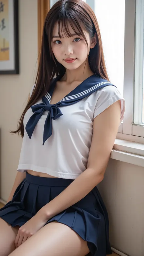 (((nsfw)))、 Japanese、KAWAII、Western-style room , perfect body, double eyelids, sit against the wall, crouching,white pantie, I'm wearing black knee socks , cheap sailor suit, Japanese Language School Uniforms, 、 upskirt、 low angle shot 、( Between the...