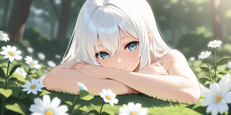  masterpiece,best quality ,  latest , Hi-res， girl，long white hair,、Hi-res, blurry outlook，Countless white flowers