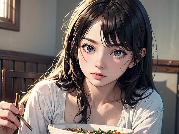 Anime girl eating a bowl of noodles with chopsticks, Realistic Anime 3D Style,  3D Animation Realistic , cute realistic portrait, photorealistic animation girl render, photorealistic animation,  on ne、cute 3d anime girl, Hyperrealistic Anime, realistic ani...