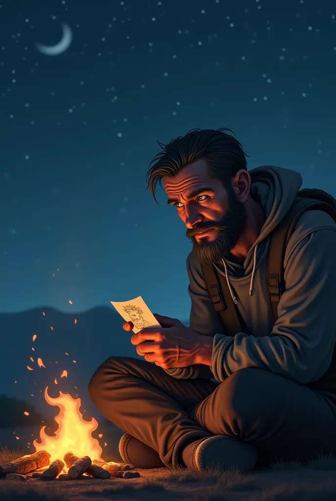 During a quiet night, Ray sits by a campfire, holding a small drawing of his family. The stars reflect in his eyes.