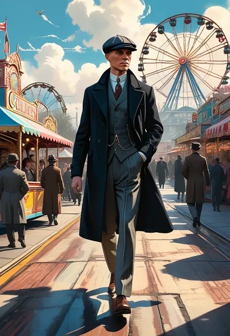 A full-body view of a man dressed in 1920s fashion, wearing a long overcoat, vest, and a flat cap in the style of Peaky Blinders. He walks alone through a lively amusement park at midday. Around him, colorful attractions such as a Ferris wheel, roller coas...