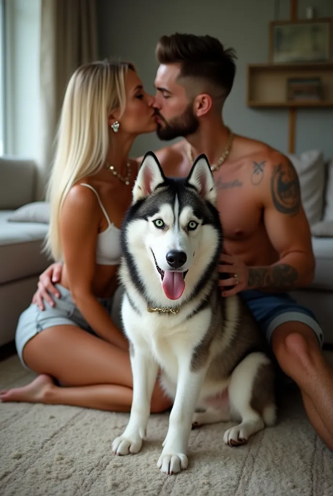 The most beautiful woman with emerald eyes, beautiful straight blonde hair  with, natural makeup light highlighter on face, wearing a diamond engangement ring. Wearing a crop and shorts at home in the living room, with a Serbian white and black husky on th...