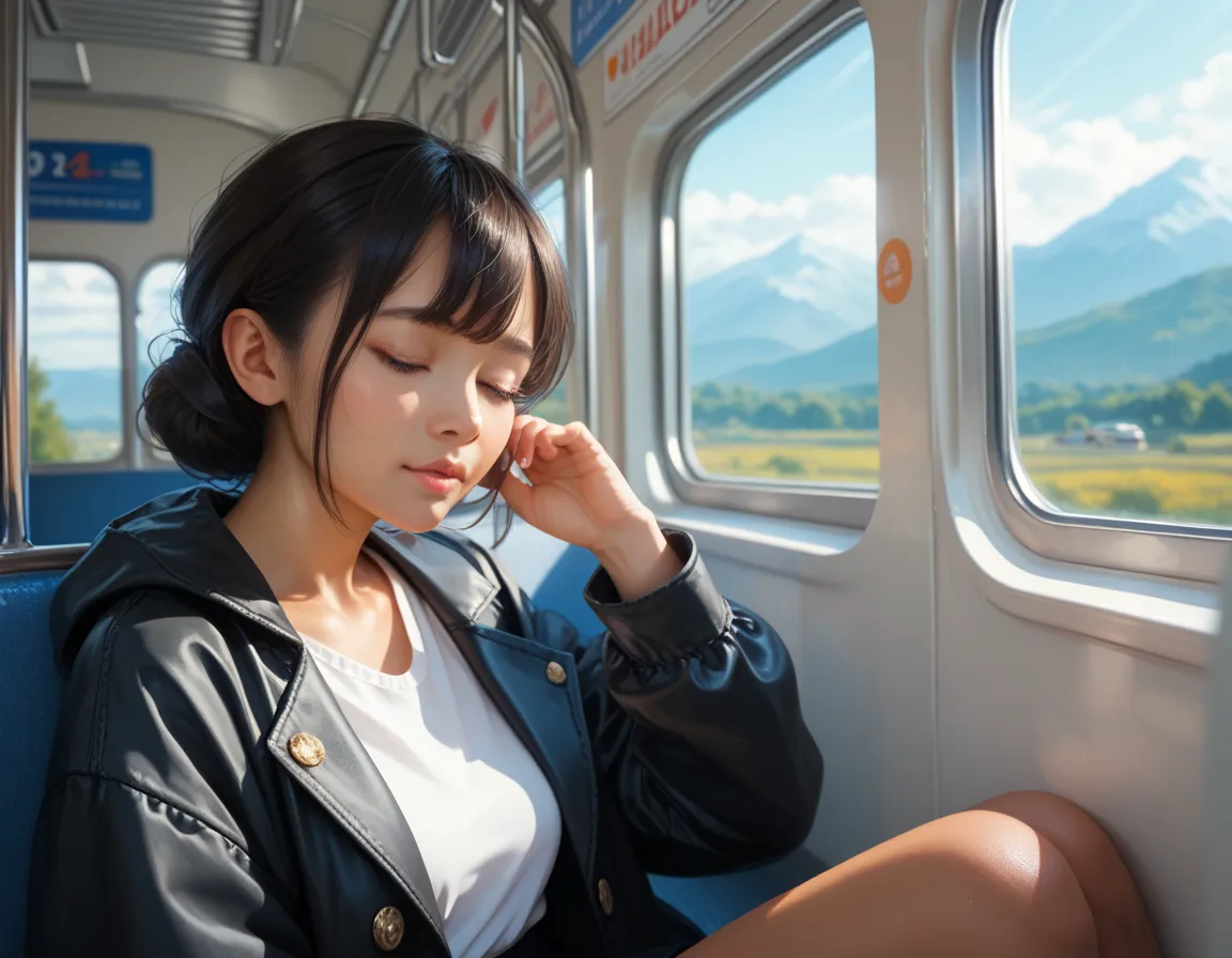 Close up of A cute 20 some year old woman, asian features, dark cascading hair, bangs, slightly tan skin, sitting on a train, facing out the winow, eyes closed, the morning sun shines on her face, wearing a black coat, (snowcapped mountains in the far dist...