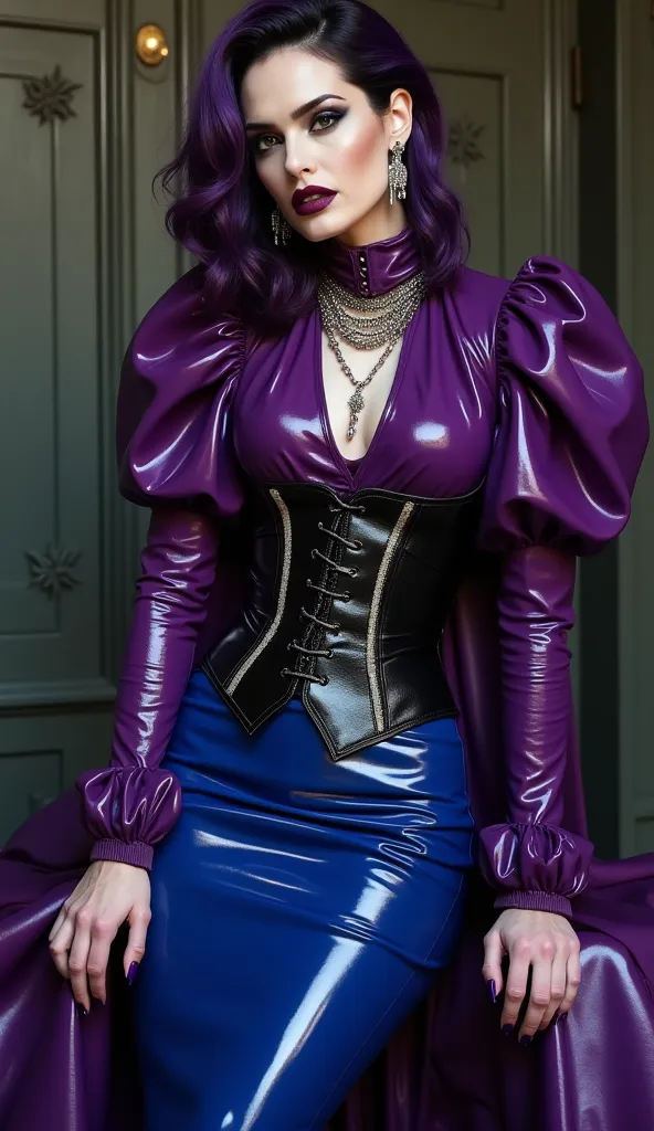 Angelina jolie, vampire, blood, nosferatu, dracula, governant, pale skin, mistress, dominatrix, latex, metalic, metalic chains, metalic earings, purple latex heavy high neck blouse, puffy latex sleeves, black latex heavy corset, after knee royal blue latex...