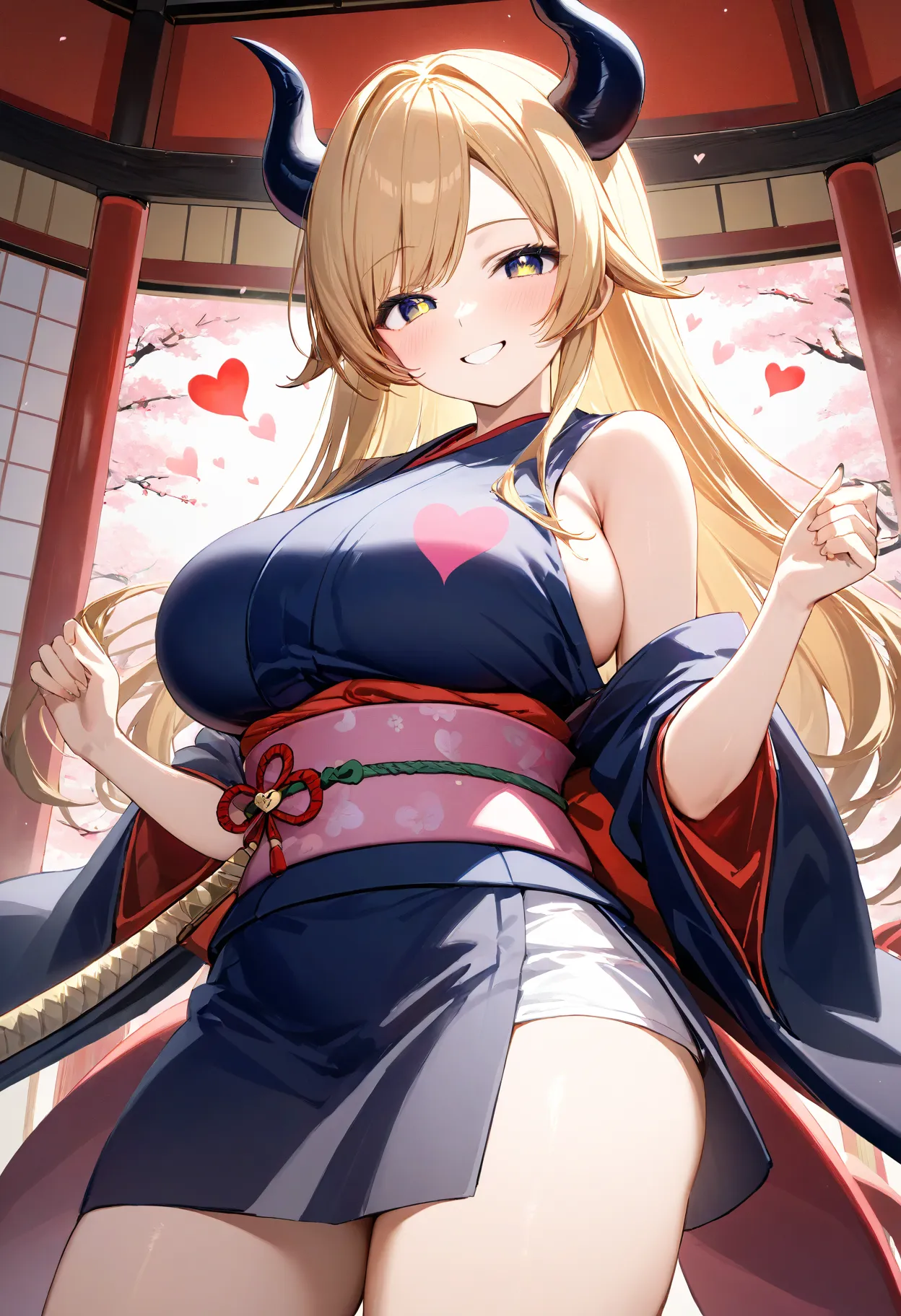 ( best quality  , 8k , masterpiece , beautiful woman , perfect body ) , 1 person ,  highly detailed eyes and faces , Yuzuki Choco   ,   Gold  ,  Devilhorn  , smile ,   will be happy ,  赤い頬  , ( Ninja , sleeveless, heart,  kimono : 1.2 ) , ( Big Breasts )