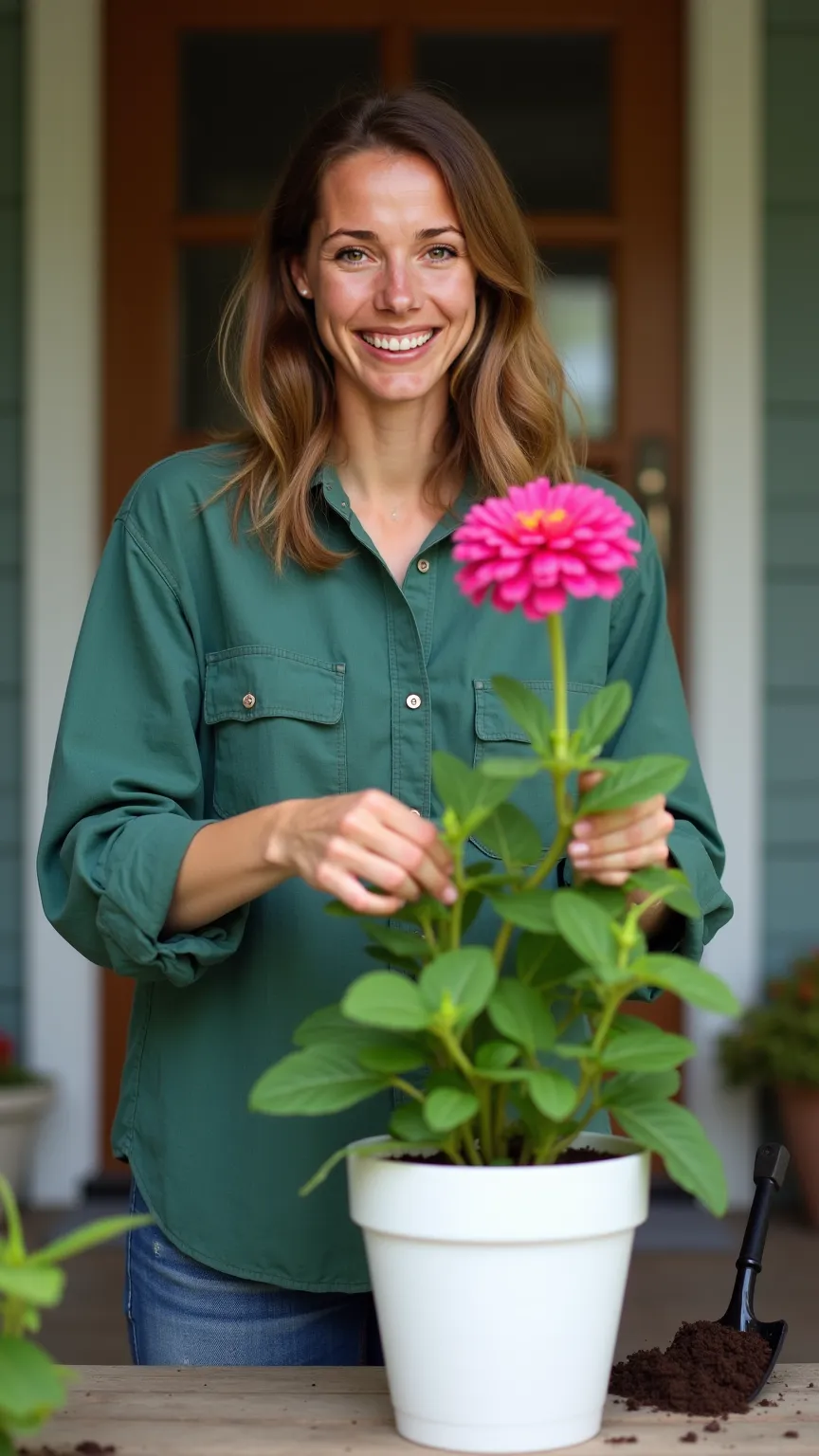 A natural looking woman, 35, with a charming and spontaneous smile, in a forest green linen shirt with natural light brown hair. She is standing on a small wooden porch. She is tending a large pink zinnia in a white pot. There is some soil and a gardening ...