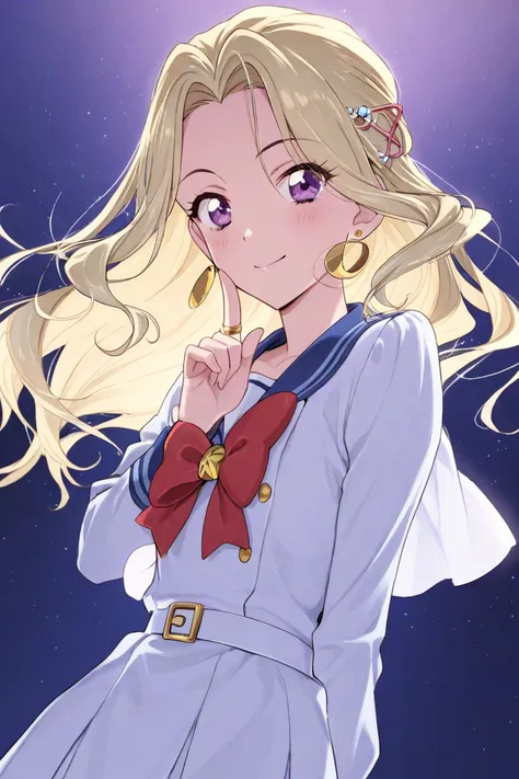 Female character based on the famous Detective Conan, high appearance 1m68, long blonde combined navy blue in the lower part of the hair,hair resembling Kanzaki Mizuki (KanZaki Miyuki)one of the main characters in Tristar's lead Aikatsu anime film,red bow ...