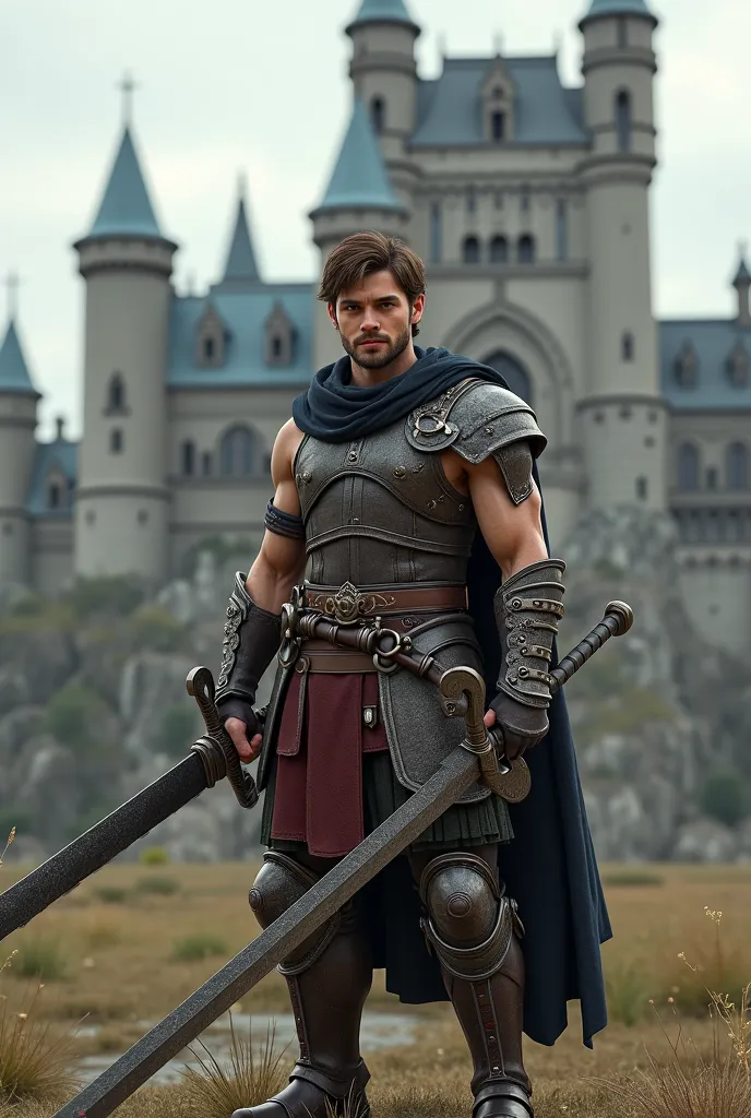 A 20-year-old, ugly but muscular prince with brown hair and brown eyes, wearing half-armor and holding a two-handed sword, with a castle in the background.