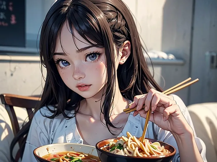 Anime girl eating a bowl of noodles with chopsticks, Realistic Anime 3D Style,  3D Animation Realistic , cute realistic portrait, photorealistic animation girl render, photorealistic animation,  on ne、cute 3d anime girl, Hyperrealistic Anime, realistic ani...