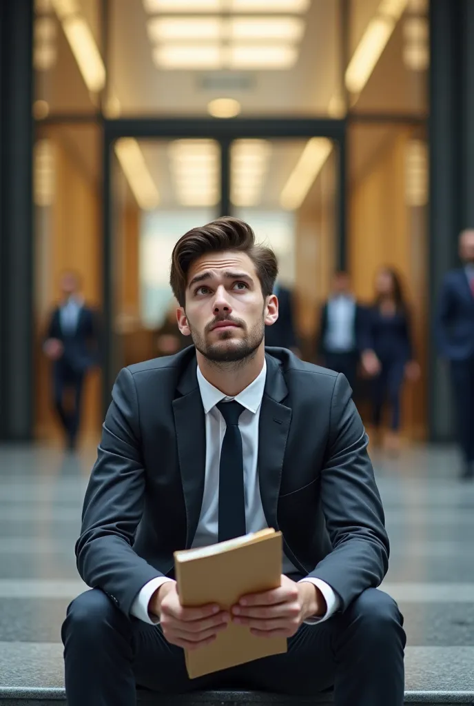 A young man sitting outside a job interview office, clutching a file. He looks hopeful but nervous. In the background, well-dressed candidates with influential connections walk confidently inside."