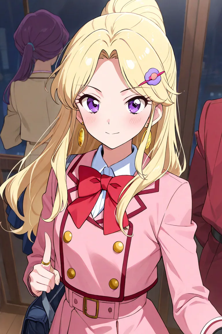 Female character based on the famous Detective Conan, high appearance 1m68, long blonde combined navy blue in the lower part of the hair,hair-like character Kanzaki Mizuki one of the main characters in the anime film Aikatsu the head of Tristar,red bow hai...