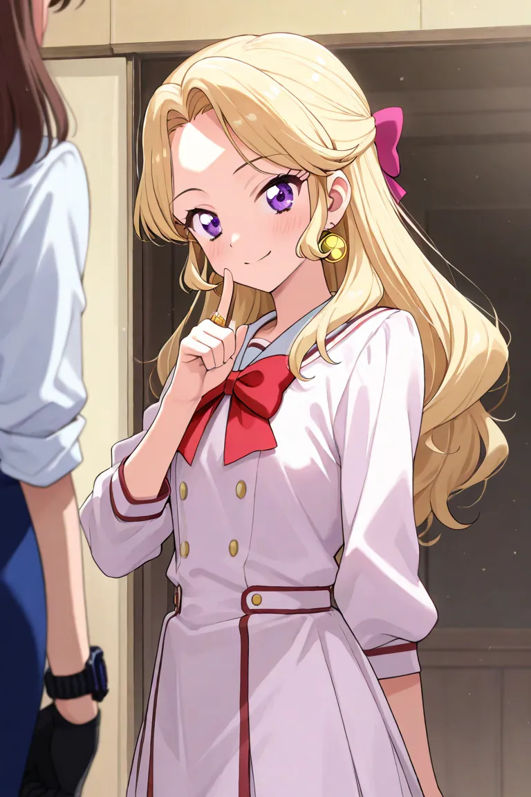 Female character based on the famous Detective Conan, high appearance 1m68, long blonde combined navy blue in the lower part of the hair,hair-like character Kanzaki Mizuki one of the main characters in the anime film Aikatsu the head of Tristar,red bow hai...