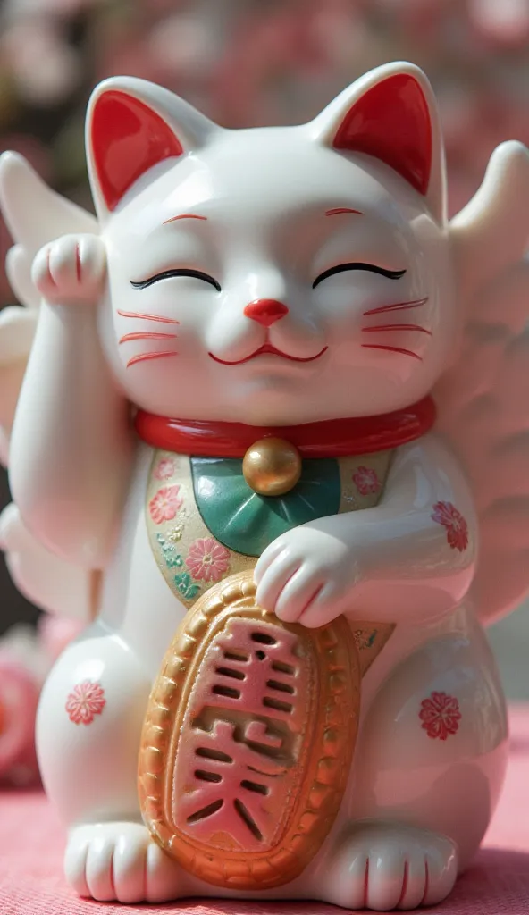 A giant maneki-neko made of pottery、 bright、love affair運が上昇しそうな画像、Mysterious、Light Pink、looking at camera、love affair運、love affair、Heart in the back、 pink heart 、 Angel Wings、 and is wearing a kimono、The Buddha is by my side