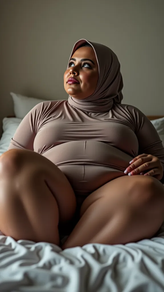 Real photos High-quality Realistic of a hijabi woman (((very big thighs, very big breast very big tummy ))) , Best Quality laying on bed above pov full body showing feet showing