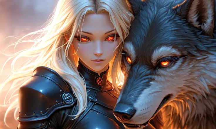 a highly detailed, extremely realistic 1girl, beautiful detailed eyes, beautiful detailed lips, extremely detailed face and eyes, long eyelashes, assassin archer, side by side with an enormous wolf, cinematic lighting, dramatic atmosphere, vibrant colors, ...